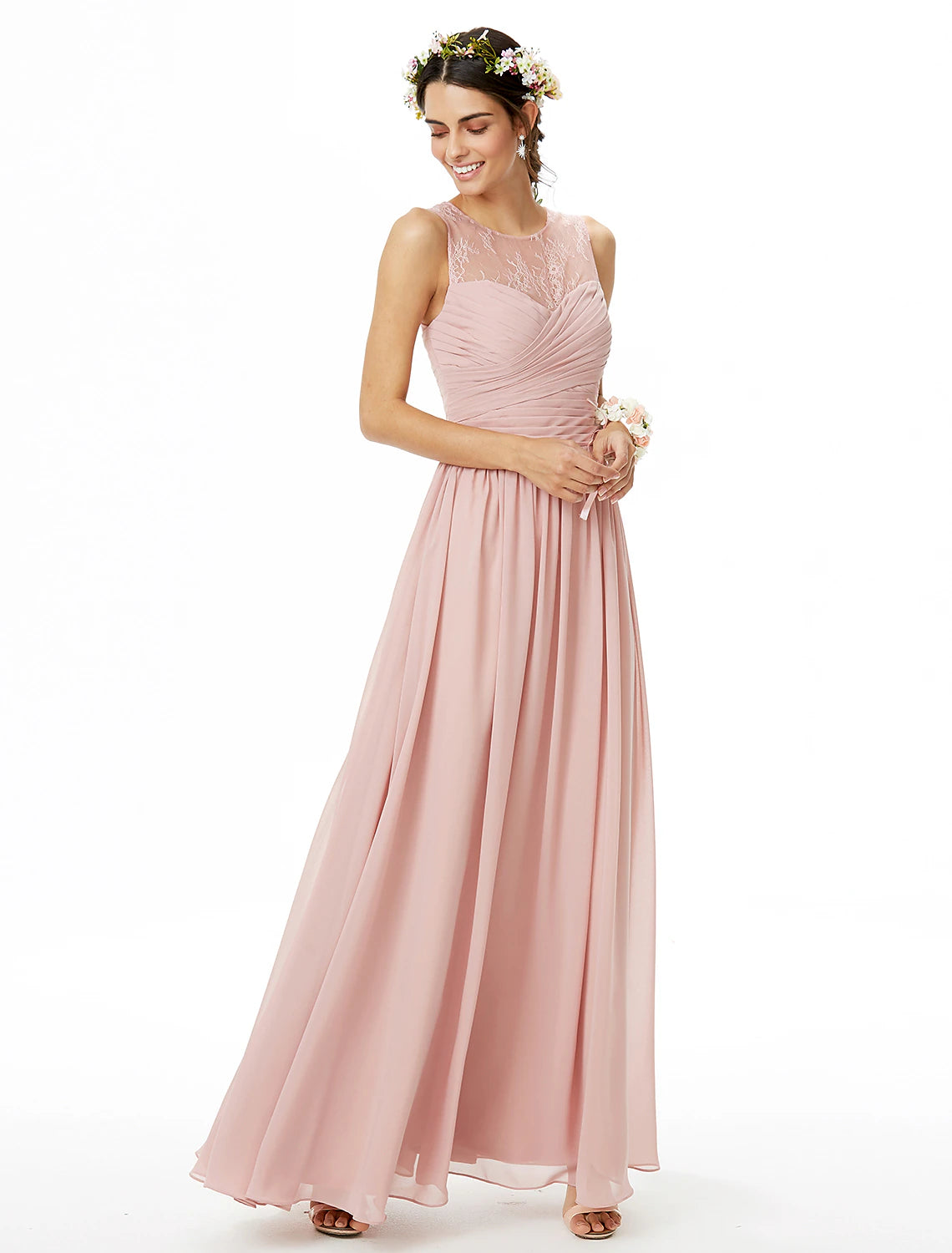 Abito da damigella d'onore a trapezio, scollo gioiello, senza maniche, trasparente, lunghezza pavimento, in chiffon/pizzo con pizzo/incrociato/plissettato